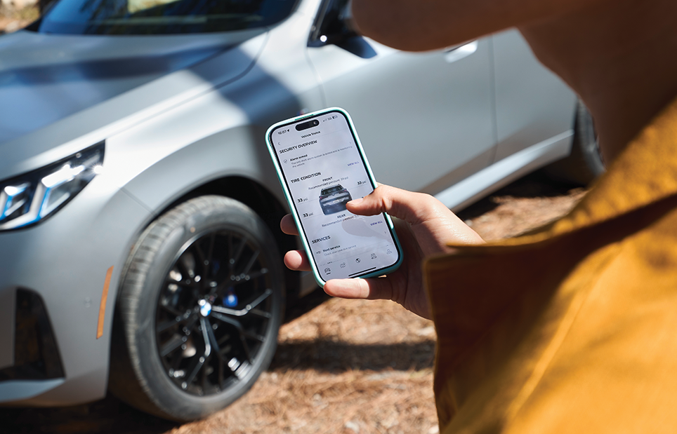 Person holding a phone showing the digital tire diagnosis app.
